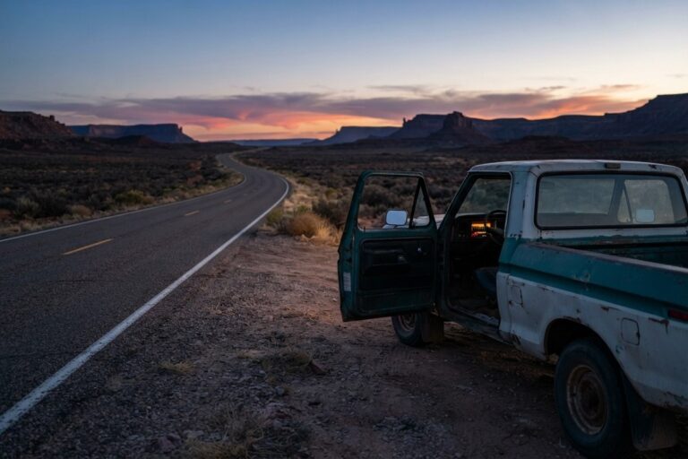Vieux pick-up à la portière ouverte arrêté au bord d'une route déserte au crépuscule
