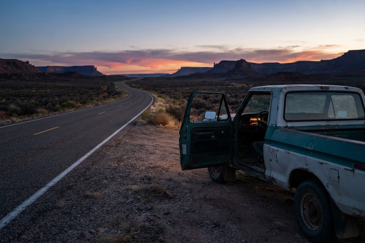 Vieux pick-up à la portière ouverte arrêté au bord d'une route déserte au crépuscule