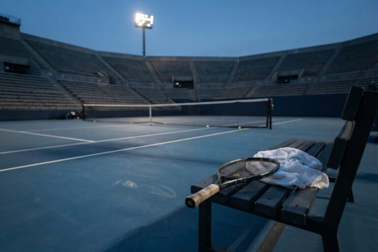 Raquette de tennis et serviette posées sur un banc, court bleu désert éclairé au crépuscule dans un stade vide