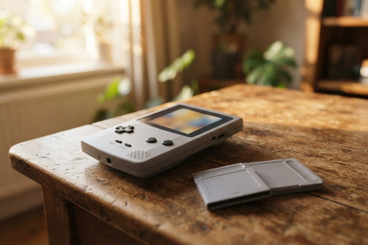 Console portable grise posée sur une table en bois, à côté de deux cartouches de jeu grises, dans une lumière de fenêtre.