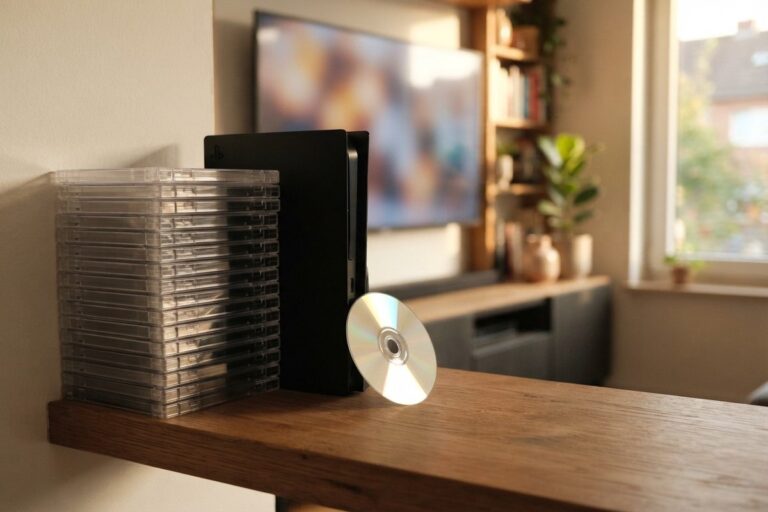 Pile de boîtiers de jeux transparents et un disque sur une étagère en bois, devant une console noire et un téléviseur