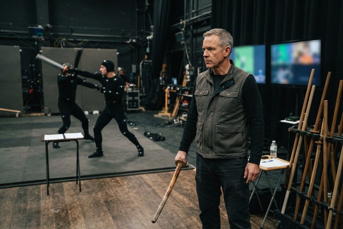 Un homme tient un sabre de bois dans un studio de captation de mouvement où deux performeurs s'affrontent