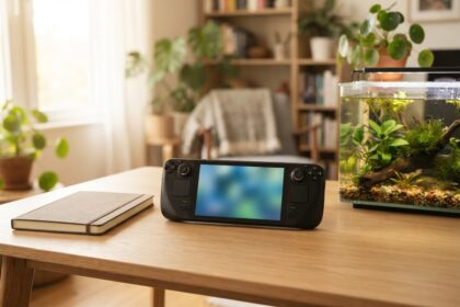 Console portable posée sur une table en bois, écran allumé, à côté d'un aquarium planté et d'un carnet fermé