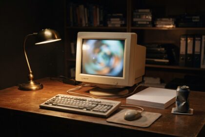Moniteur CRT beige allumé sur un bureau en bois, clavier, souris à boule et lampe dans une pièce sombre
