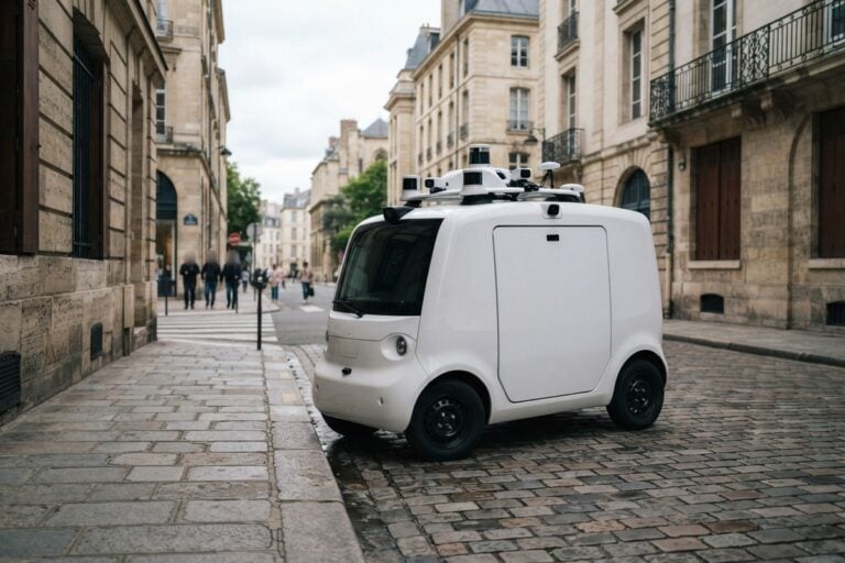 Petit véhicule de livraison électrique blanc à capteurs sur le toit, à l'arrêt dans une rue pavée