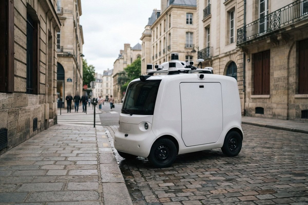 Petit véhicule de livraison électrique blanc à capteurs sur le toit, à l'arrêt dans une rue pavée