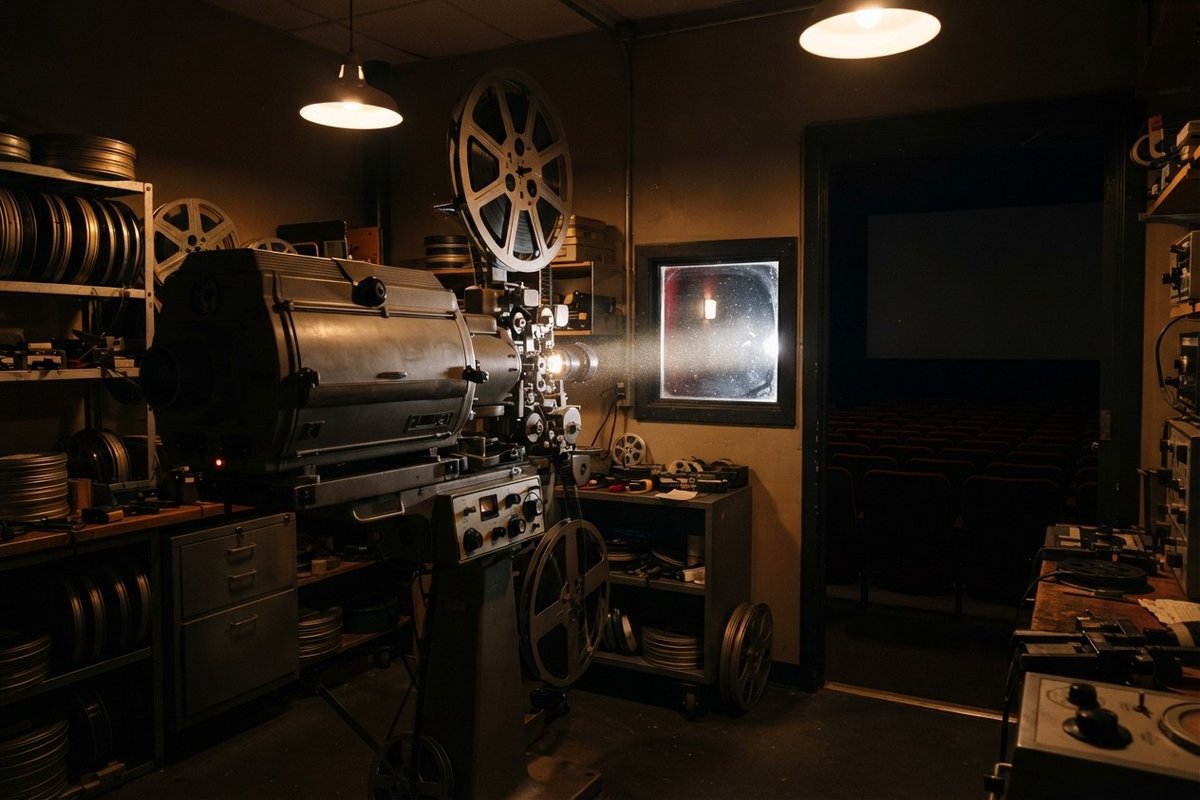 Projecteur de cinéma et bobines dans une cabine de projection, ouverte sur une salle obscure aux fauteuils rouges