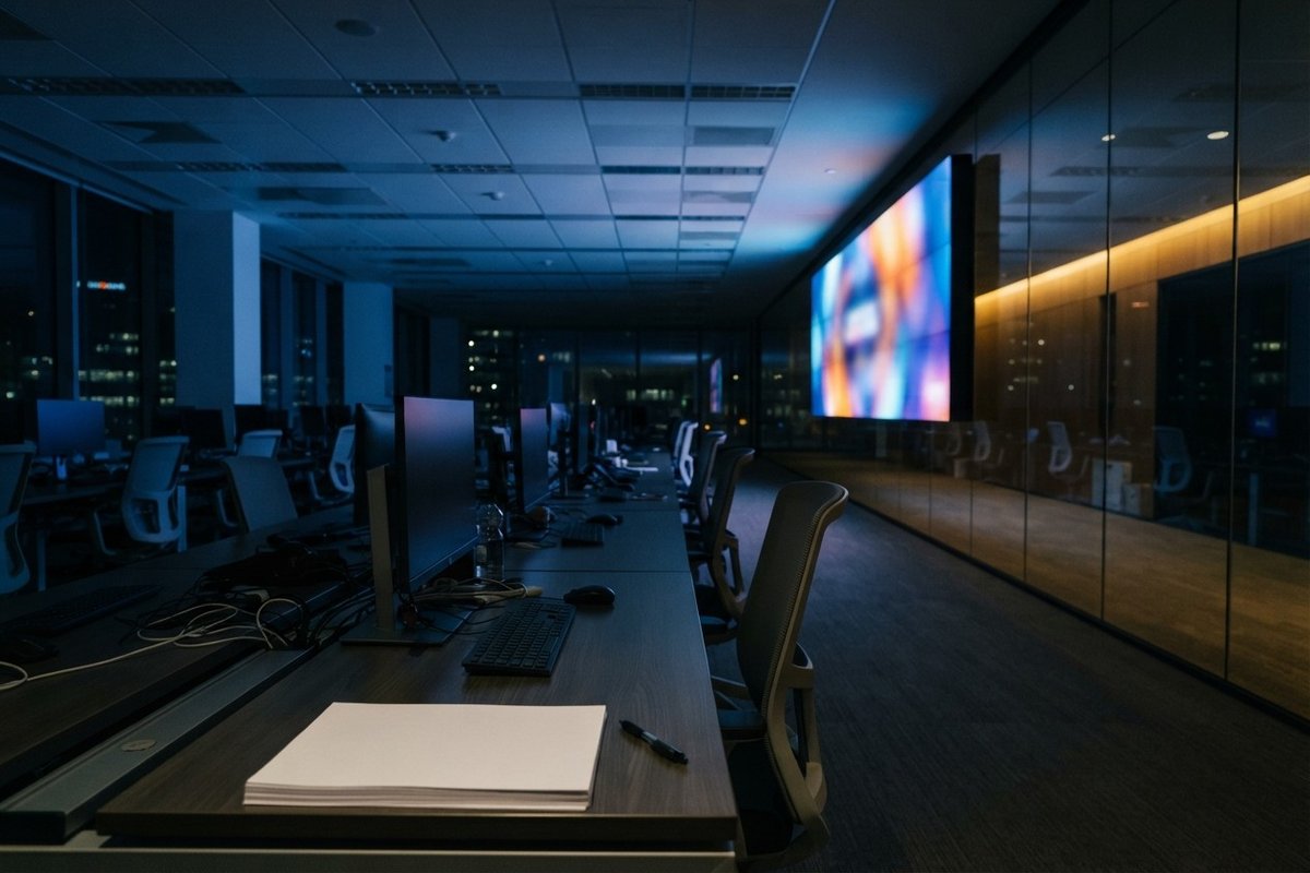 Une salle de rédaction vide la nuit, écrans éteints et pile de feuilles blanches posée sur un bureau