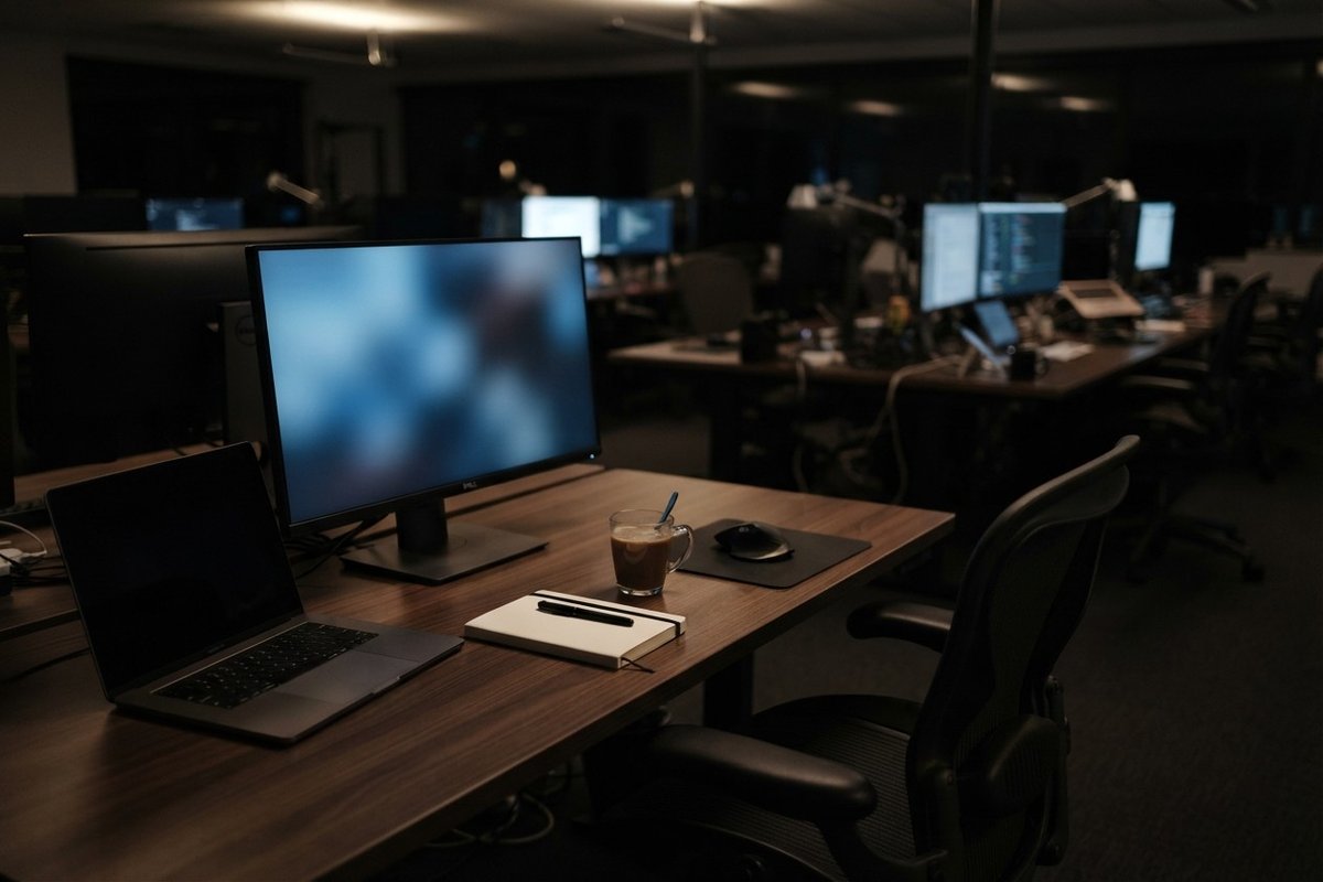Bureau vide dans un open space plongé dans la pénombre, écran allumé sur un fond flou et chaise inoccupée