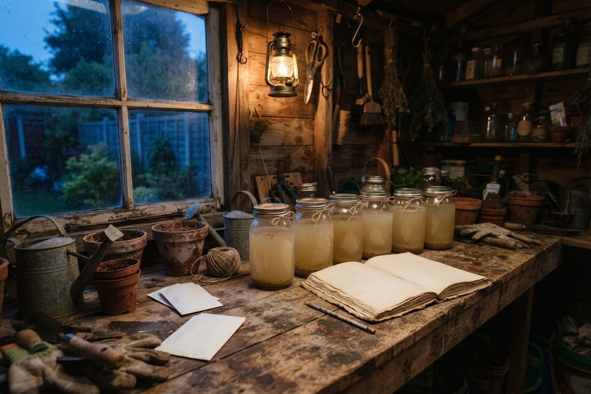 Bocaux en verre remplis d'un liquide trouble alignés sur l'établi d'un abri de jardin, près d'un carnet ouvert
