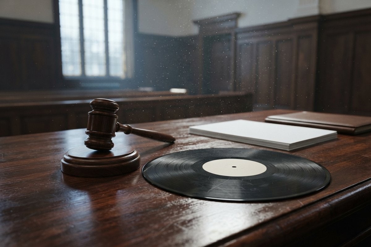 Marteau de juge posé près d'un disque vinyle et d'une pile de feuilles blanches sur une table de salle d'audience