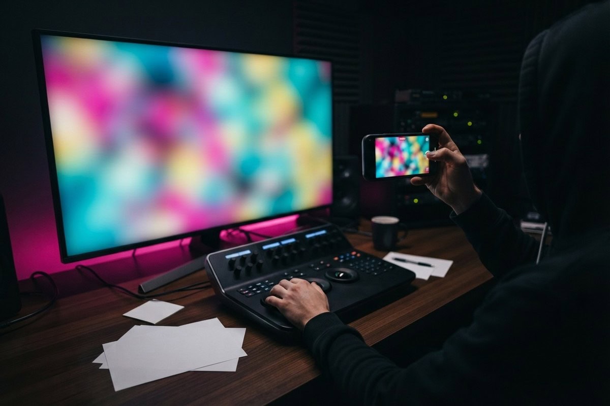 Dans une salle de montage sombre, une main filme avec un téléphone un grand écran aux couleurs floues.