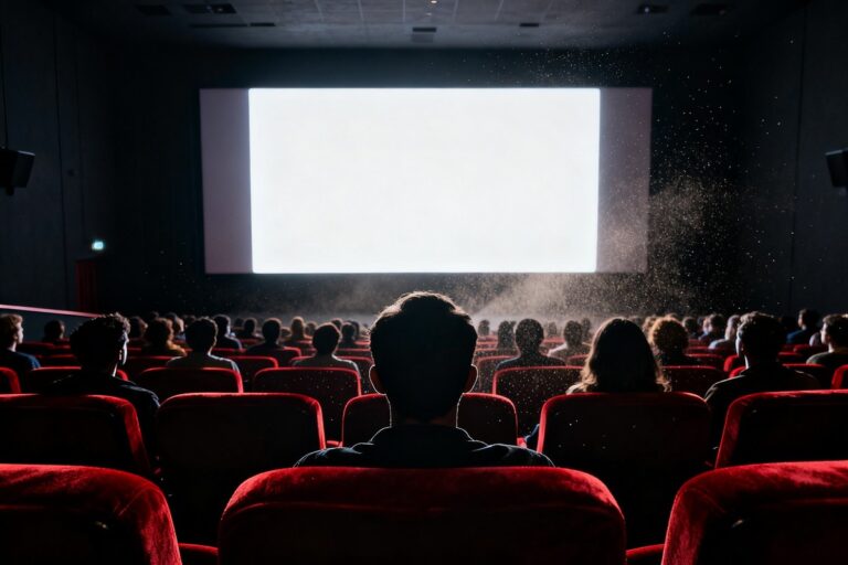 Salle de cinéma comble vue de dos, spectateurs en silhouette devant un écran blanc éclatant et des fauteuils rouges