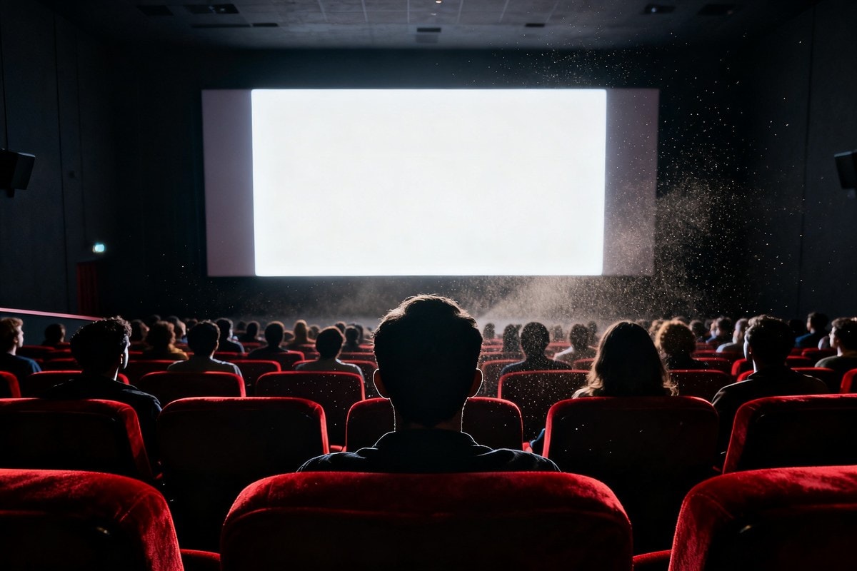 Salle de cinéma comble vue de dos, spectateurs en silhouette devant un écran blanc éclatant et des fauteuils rouges