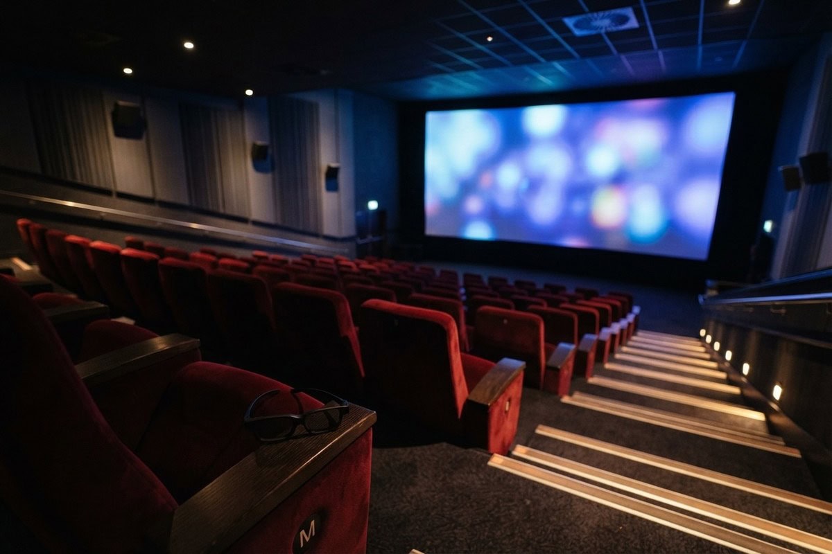 Salle de cinéma vide aux fauteuils rouges, écran allumé en bleu, lunettes 3D posées sur un accoudoir