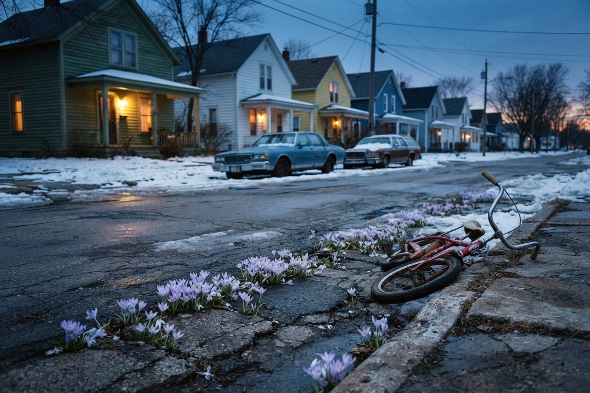Fleurs pâles poussant dans les fissures d'une rue enneigée au crépuscule, vélo d'enfant couché près du trottoir