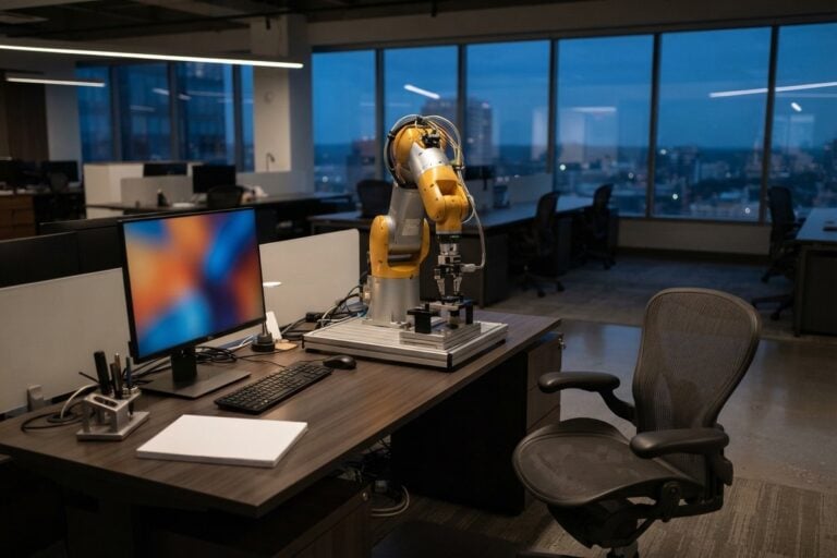 Bras robotisé installé sur un bureau d'open space, à côté d'un fauteuil de travail vide, à la tombée du jour