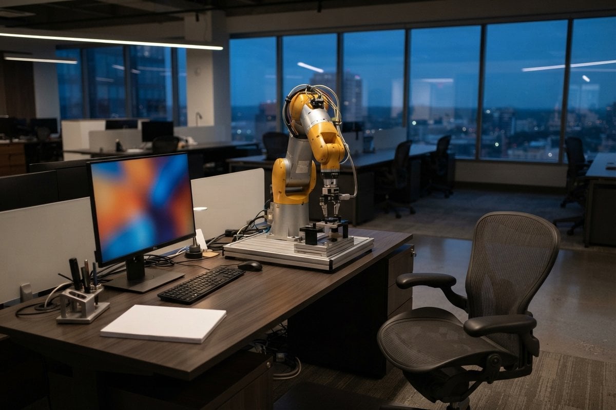 Bras robotisé installé sur un bureau d'open space, à côté d'un fauteuil de travail vide, à la tombée du jour