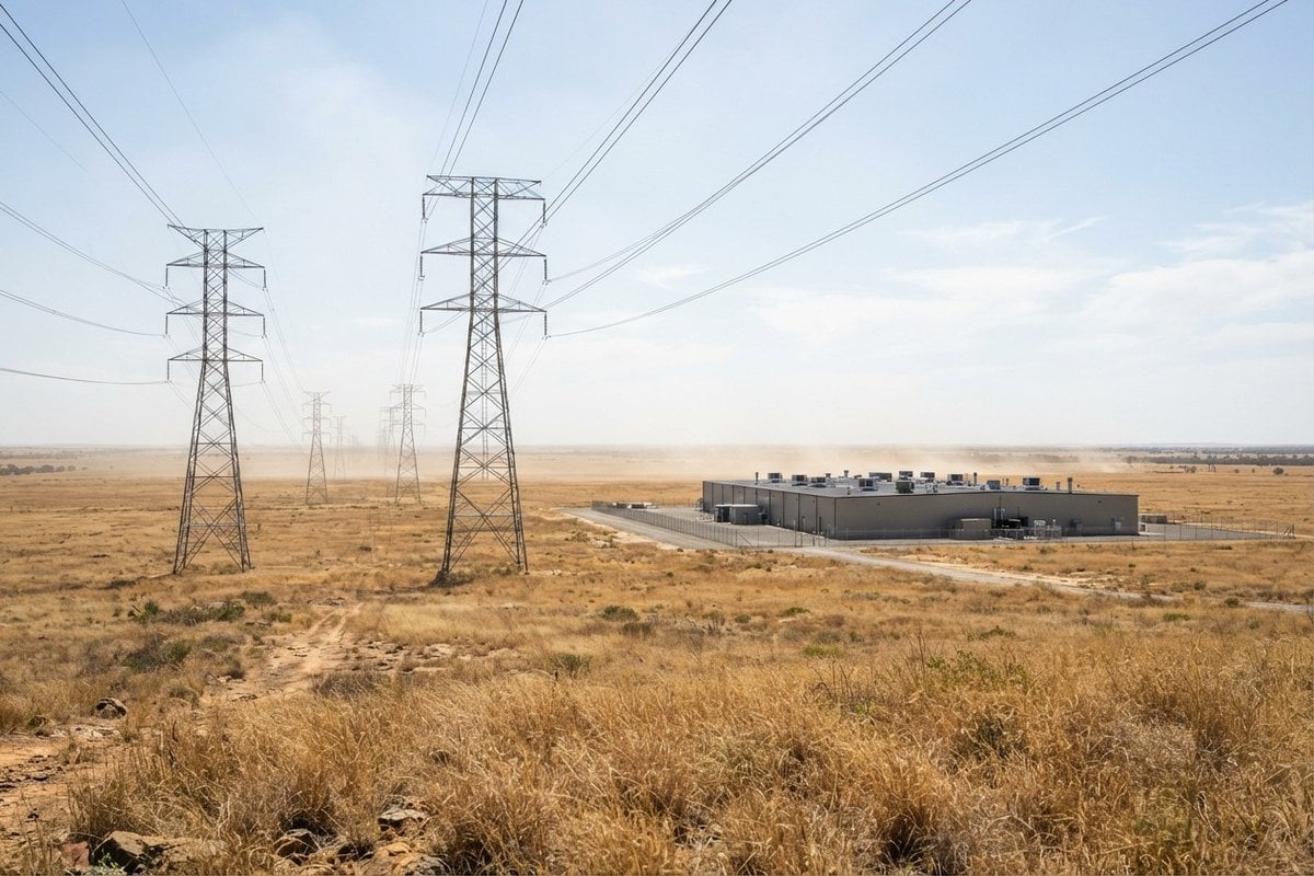 Pylônes à haute tension dans une plaine sèche, avec un bâtiment industriel bas sans fenêtres au second plan