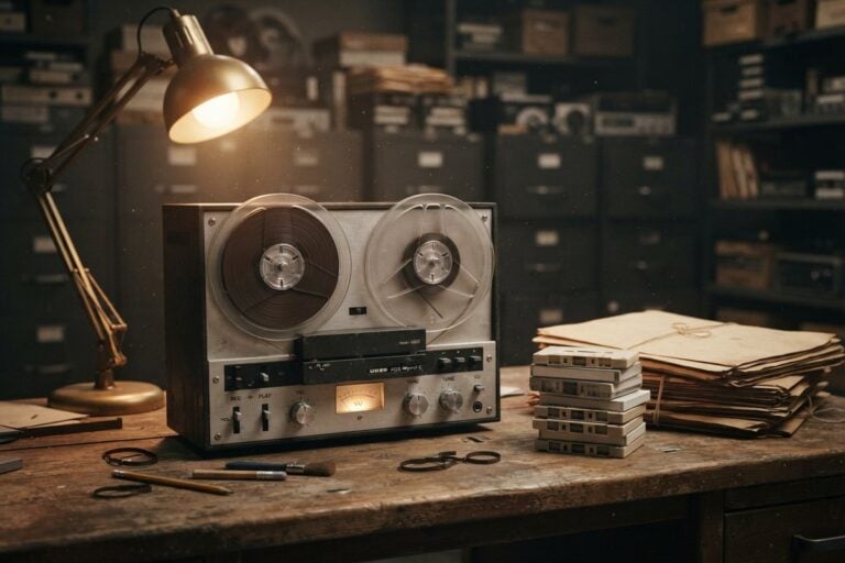 Un magnétophone à bobines et des cassettes empilées sur un bureau, dans une salle d'archives peu éclairée.