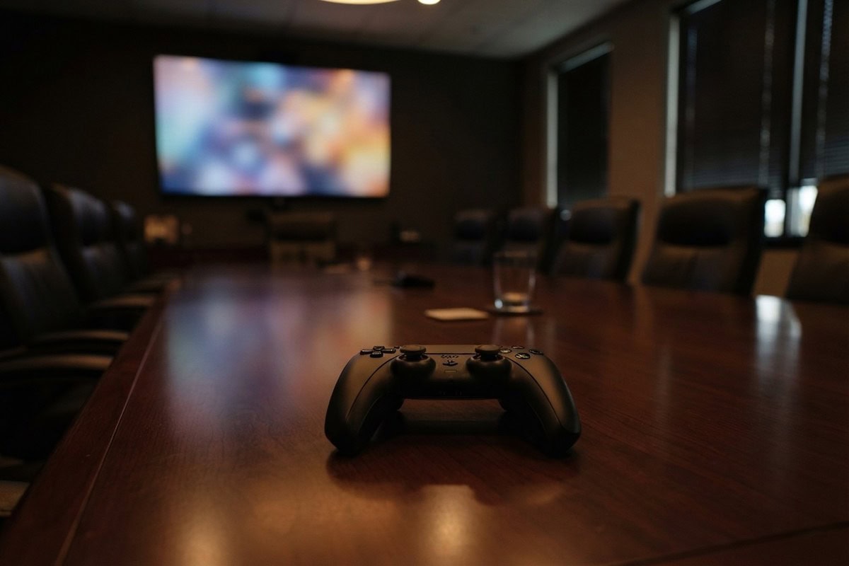 Manette de jeu posée sur une longue table de salle de réunion sombre, face à un grand écran mural aux couleurs floues
