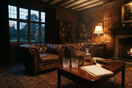 Salon lambrissé d'un manoir anglais avec fauteuils en cuir, carafe de whisky et feu de cheminée