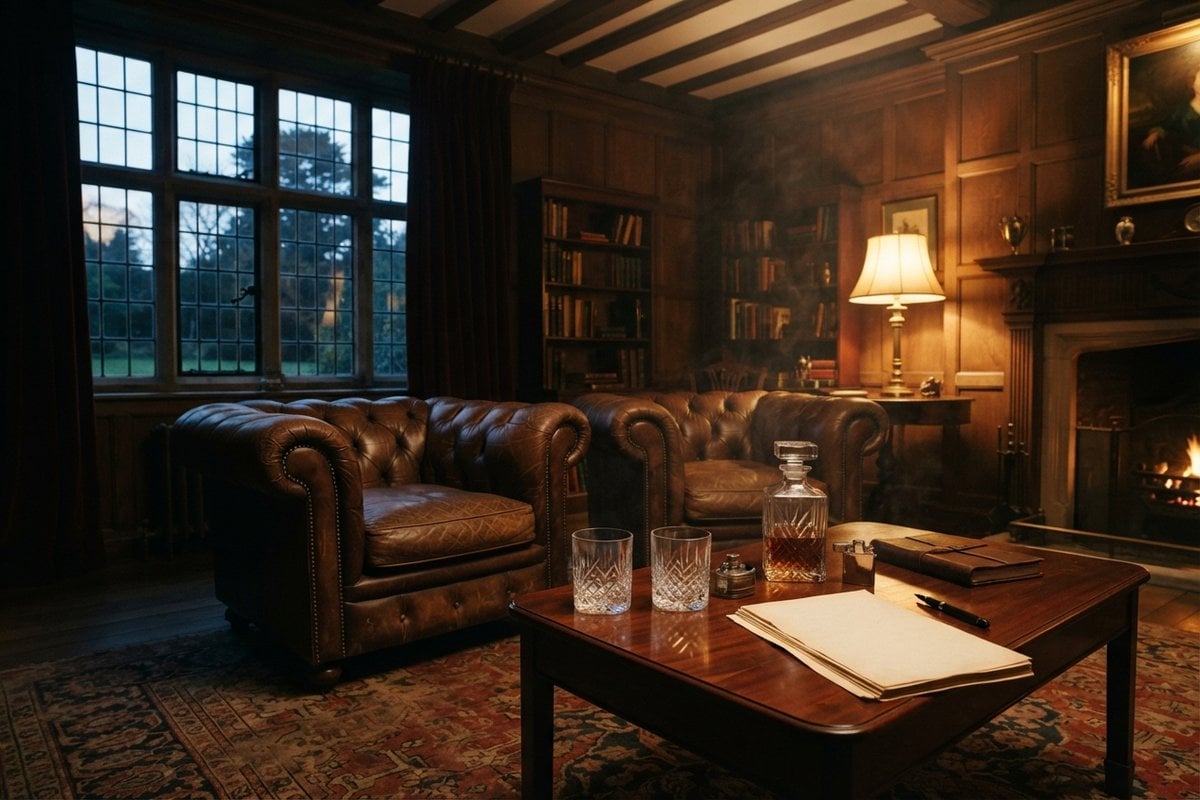 Salon lambrissé d'un manoir anglais avec fauteuils en cuir, carafe de whisky et feu de cheminée