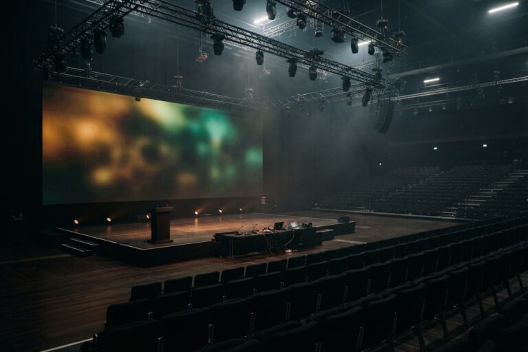 Grand écran flou aux teintes ambrées dominant une salle de conférence vide avant une présentation