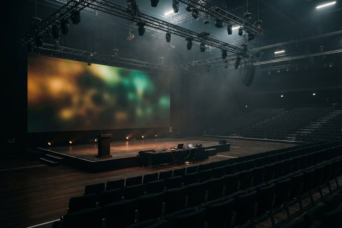 Grand écran flou aux teintes ambrées dominant une salle de conférence vide avant une présentation