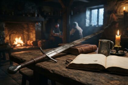 Épée longue posée sur une table de taverne, près d'un livre ouvert, d'une chope et d'une bougie