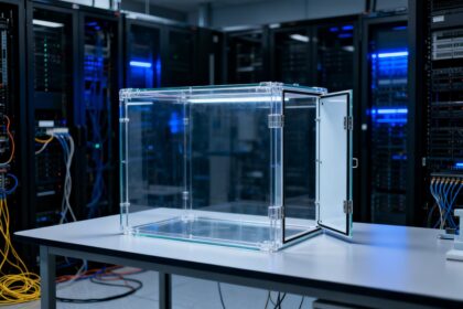 Caisson de confinement en verre vide, porte ouverte, posé sur une paillasse dans une salle de serveurs