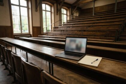 Amphithéâtre universitaire vide, un ordinateur portable ouvert et un cahier vierge posés sur un pupitre en bois