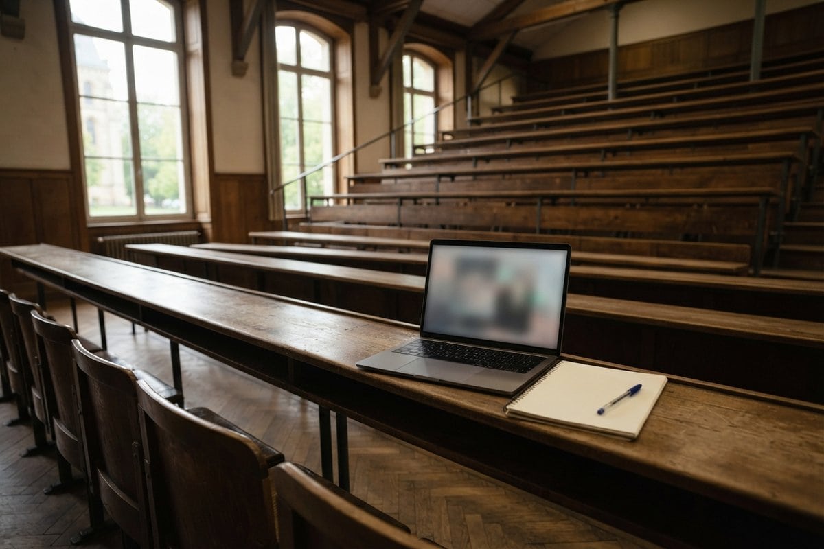 Amphithéâtre universitaire vide, un ordinateur portable ouvert et un cahier vierge posés sur un pupitre en bois