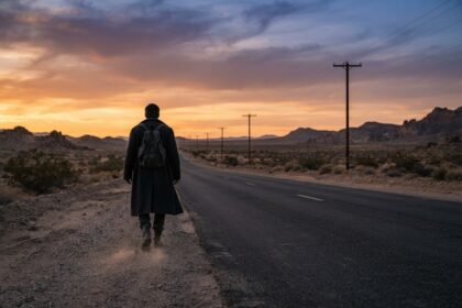 Silhouette d'un homme en long manteau marchant seul sur le bas-côté d'une route désertique au coucher du soleil