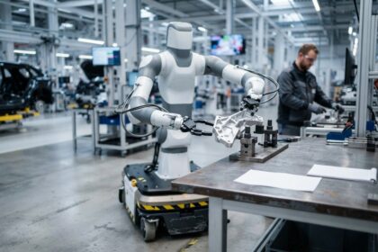 Robot à torse humanoïde monté sur une base à roues saisissant une pièce métallique dans une usine