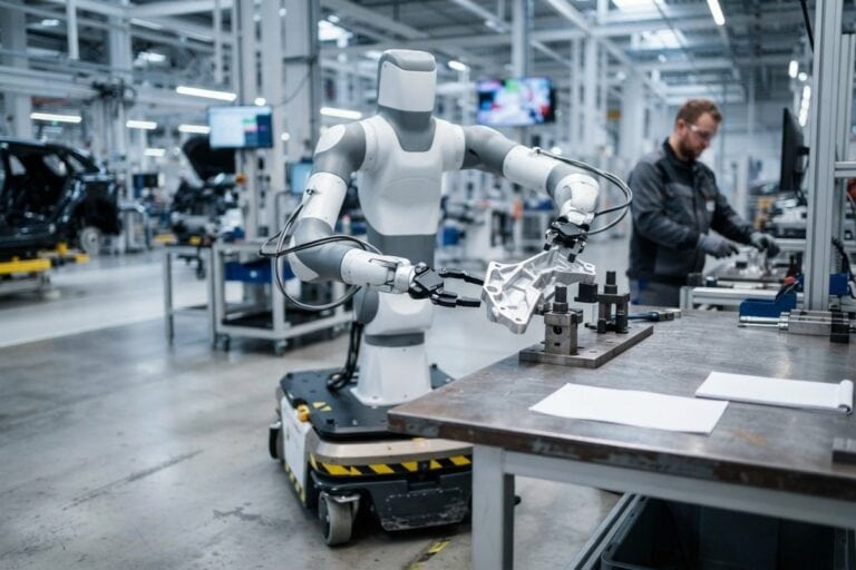 Robot à torse humanoïde monté sur une base à roues saisissant une pièce métallique dans une usine