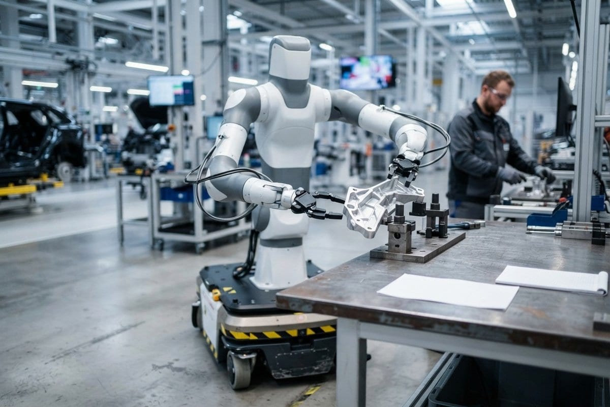 Robot à torse humanoïde monté sur une base à roues saisissant une pièce métallique dans une usine