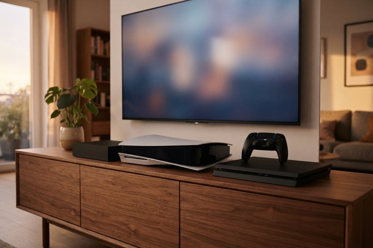 Trois consoles de jeu de tailles différentes et une manette posées sur un meuble en bois, sous un téléviseur