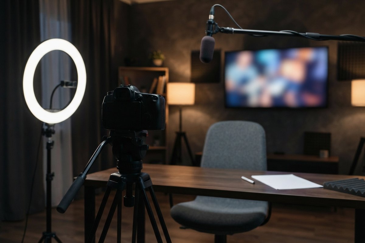 Studio vidéo domestique de nuit : anneau lumineux, caméra sur trépied, micro perche et chaise vide