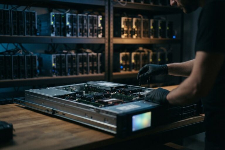 Technicien ganté ouvrant un serveur posé sur un établi, devant des étagères remplies de machines.