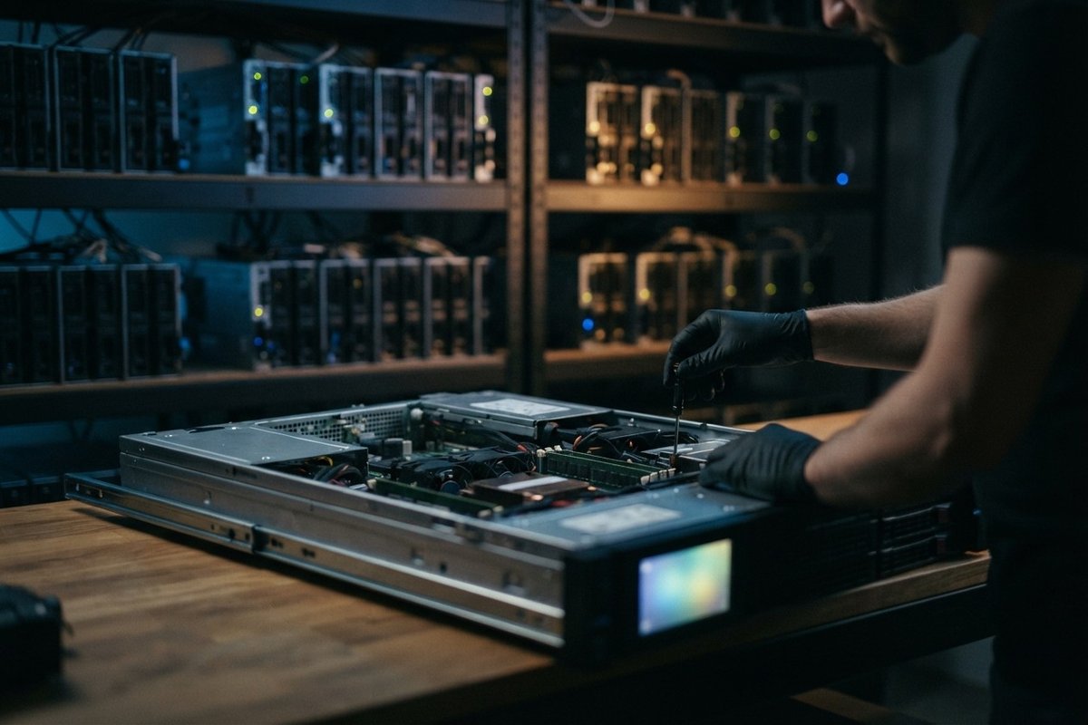 Technicien ganté ouvrant un serveur posé sur un établi, devant des étagères remplies de machines.