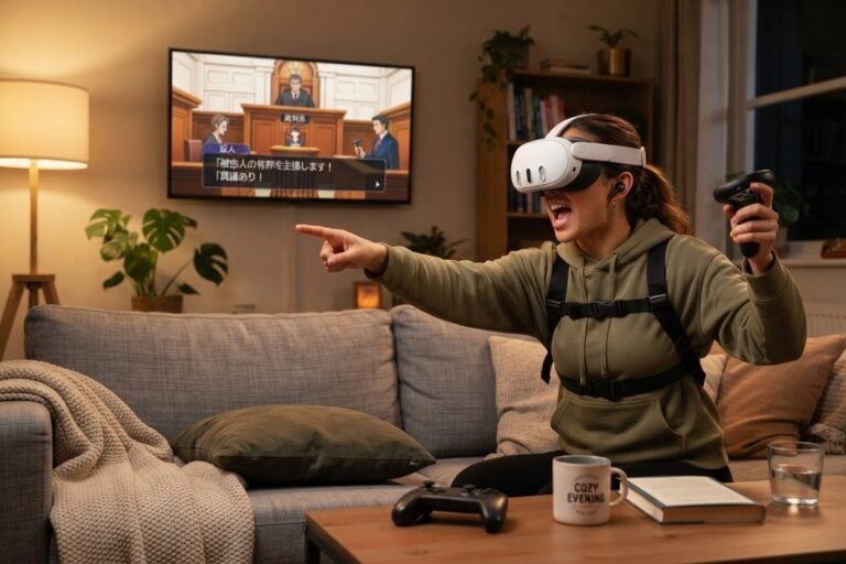 Joueuse coiffée d'un casque Meta Quest 3 pointant du doigt dans un salon, un tribunal de jeu vidéo affiché sur la télévision