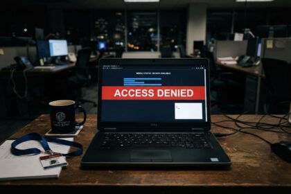 Ordinateur portable affichant un bandeau rouge « Access denied » sur un bureau, dans un open space plongé dans la nuit