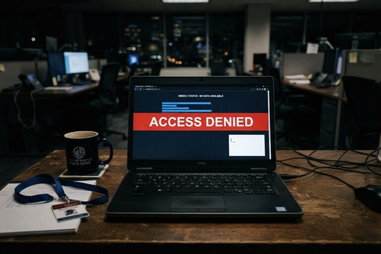 Ordinateur portable affichant un bandeau rouge « Access denied » sur un bureau, dans un open space plongé dans la nuit