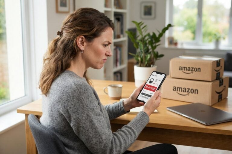 Une femme à son bureau regarde son smartphone affichant un panier bloqué, près de deux colis Amazon empilés