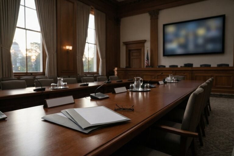Salle de commission parlementaire vide, table en bois avec dossiers vierges, lunettes et micros, écran éteint au mur