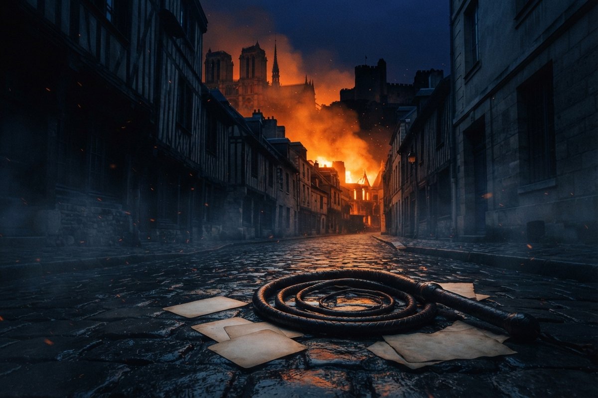 Fouet enroulé sur les pavés mouillés d'une ruelle médiévale, incendie et château au loin