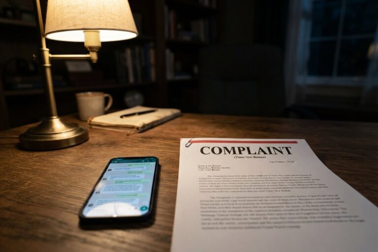 Smartphone affichant une conversation de messagerie posé à côté d'une plainte en justice sur un bureau éclairé par une lampe