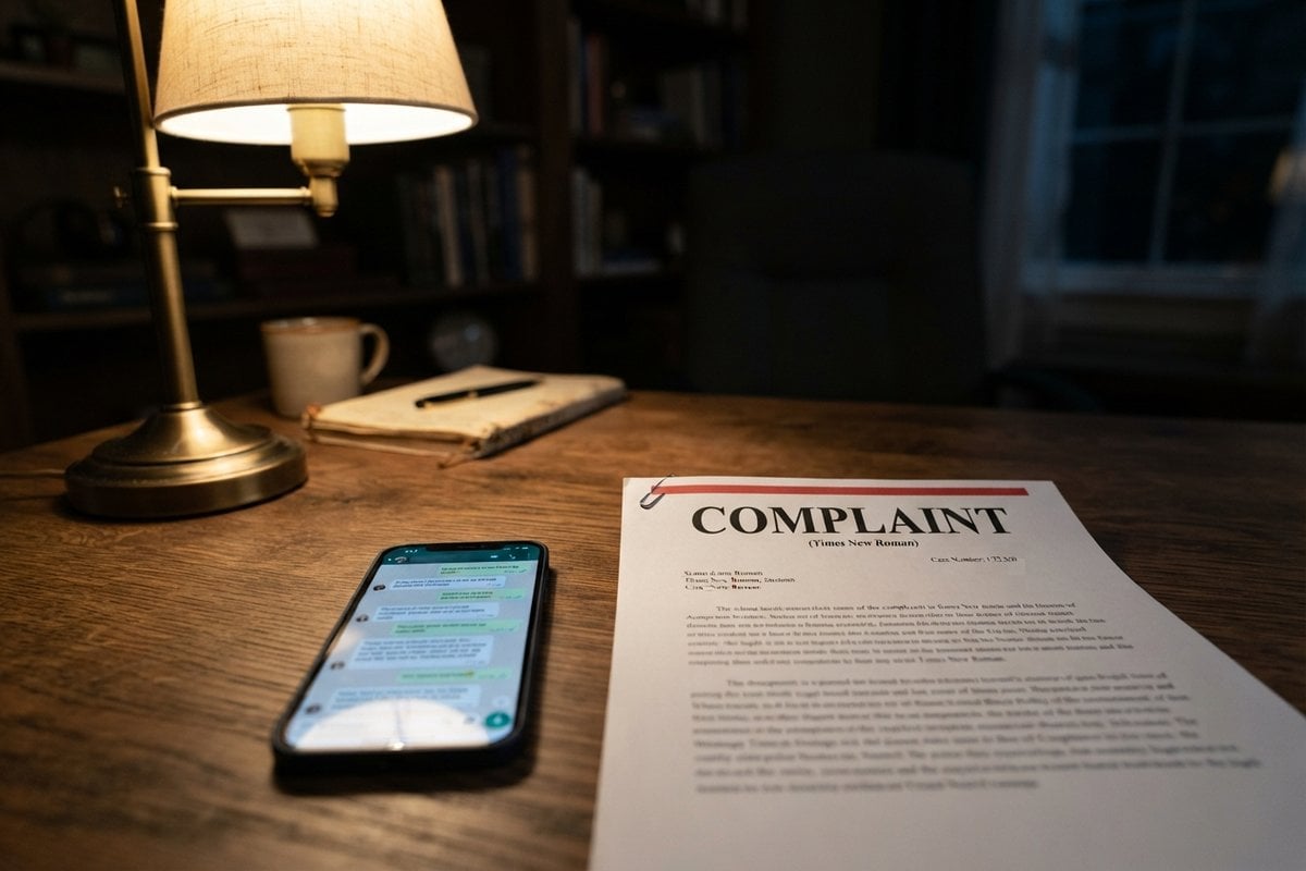 Smartphone affichant une conversation de messagerie posé à côté d'une plainte en justice sur un bureau éclairé par une lampe