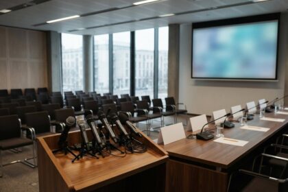 Pupitre garni de micros dans une salle de conférence de presse institutionnelle vide, chevalets vierges